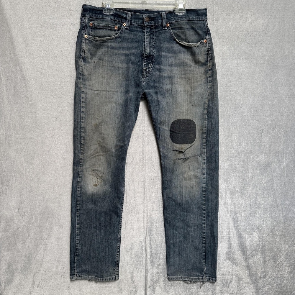 Levis 505 Jeans Mens 36x32‎ Blue Medium Wash Straight Denim Distressed Stretch